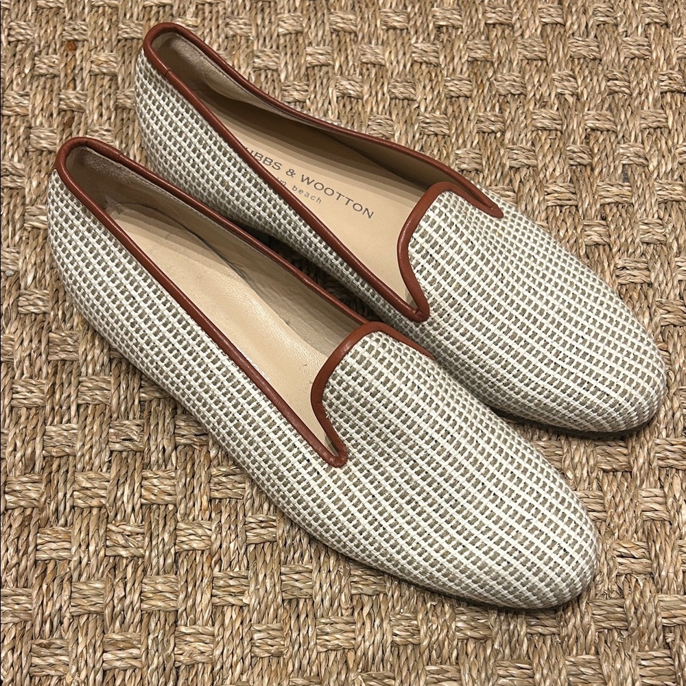 Taryn Rose Women's Cream Woven Loafers with Brown Trim